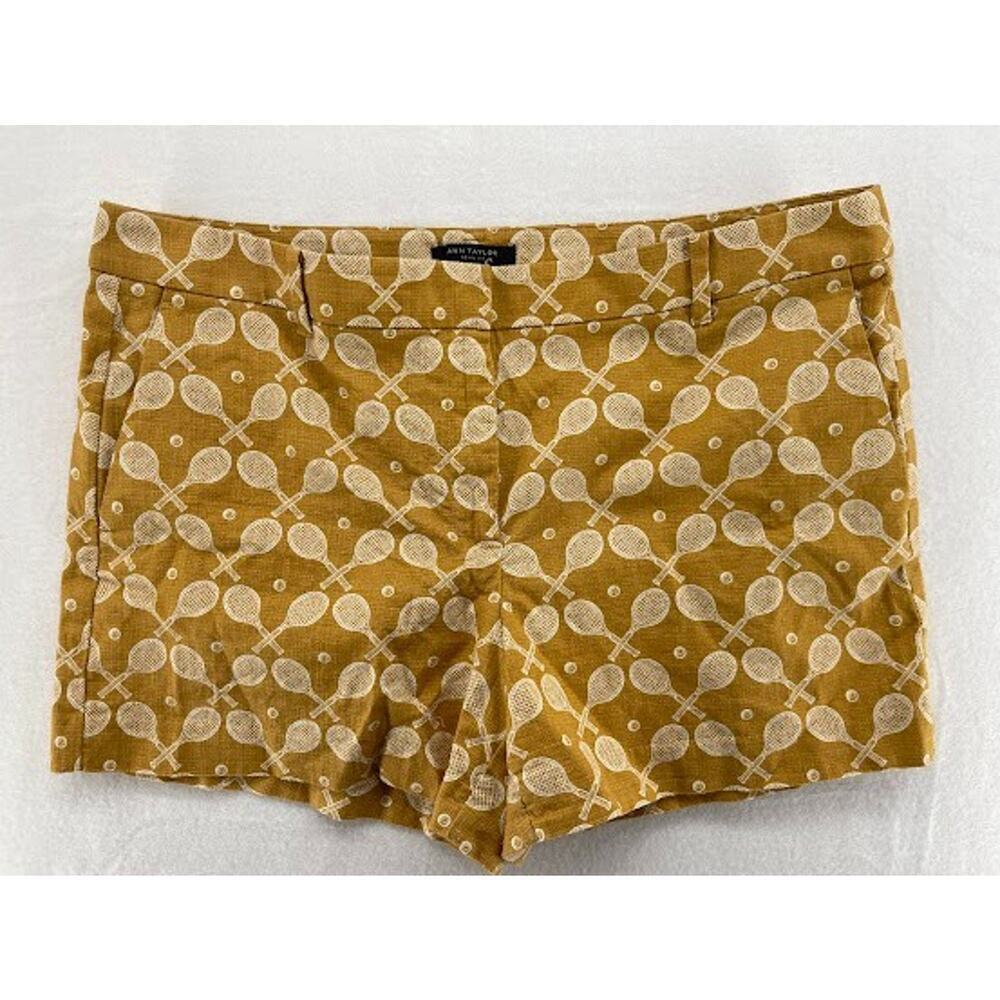 Ann Taylor Devin Fit Golden Rod Tennis Racquet Print Shorts Size 14 Flat‎ Front